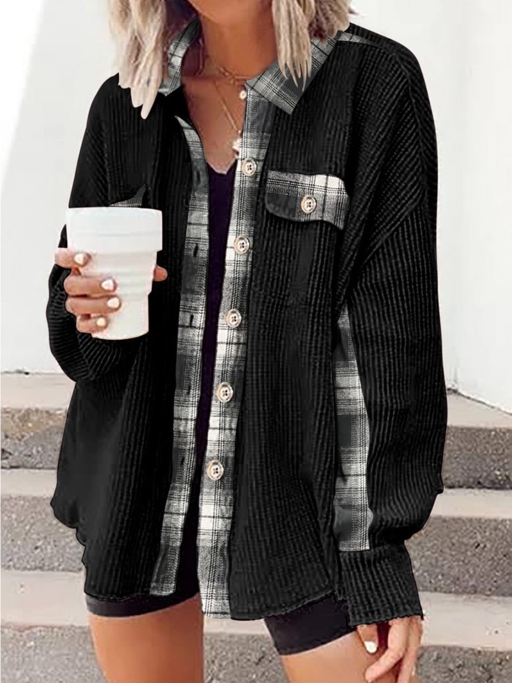 Black Ribbed Plaid Trim Button-Up Shacket